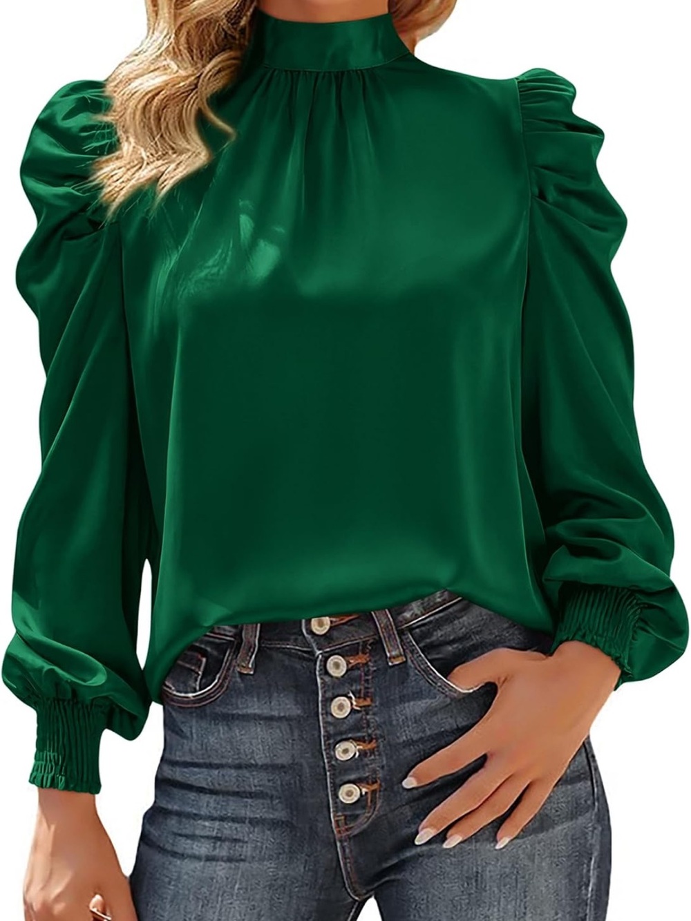 High-Neck Emerald Green Puff Sleeve Blouse